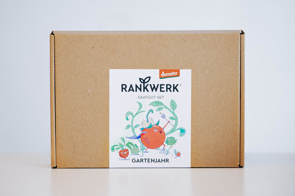 Bio Saatgut-Box „Gartenjahr“ mit Saatgut, Dünger, Kokosquelltabletten,  Anleitungsbuch