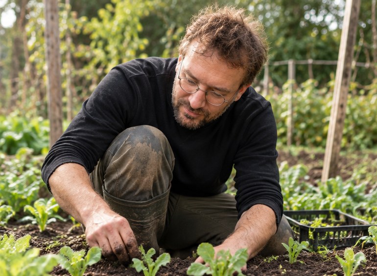 Simon Steiner setzt Jungpflanzen ins Beet