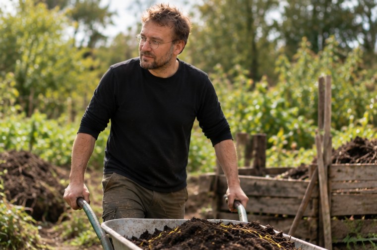 Simon Steiner fährt eine Schubkarre voll Kompost durch den Garten